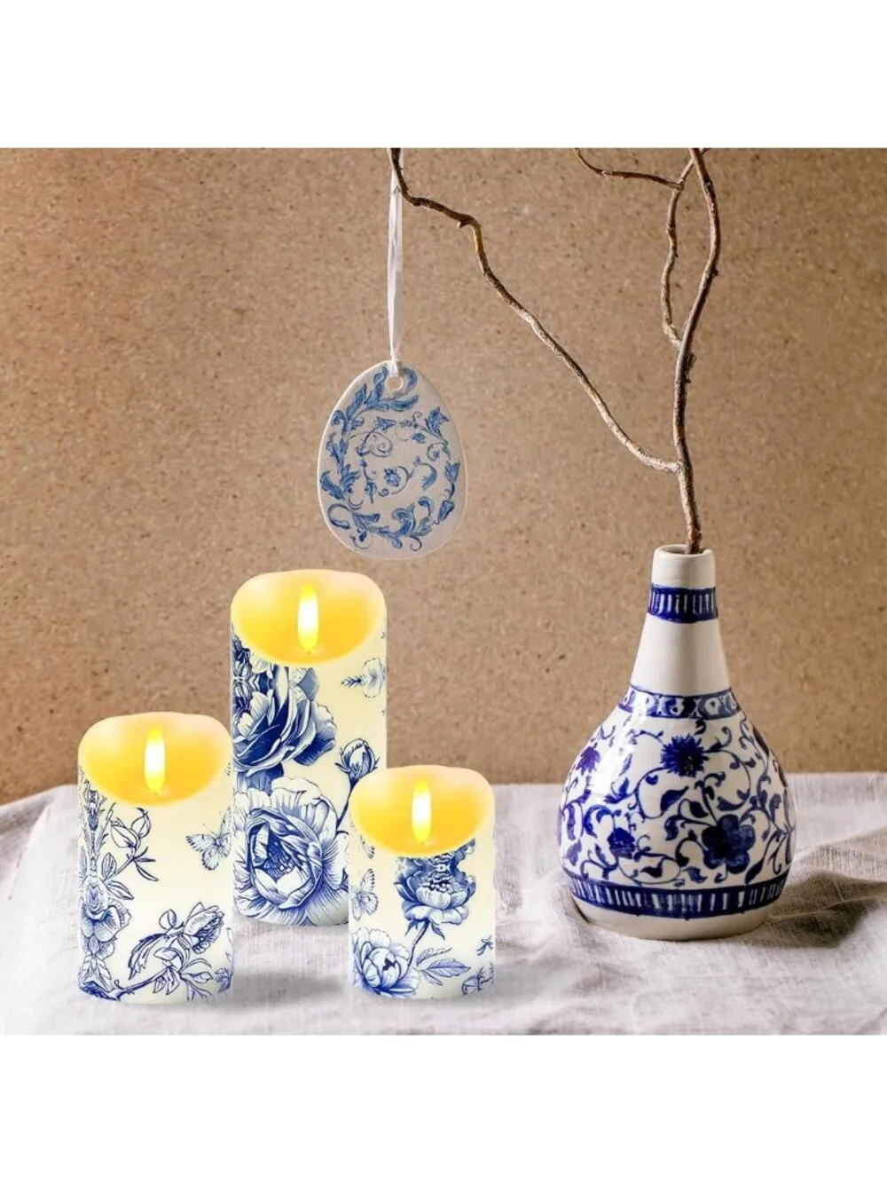 Set of 3 Blue & White Flameless Candles - Chinoiserie Floral Decor with Remote